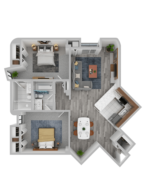 Floor plan for 2 beds, 2 baths, 942 sqft
